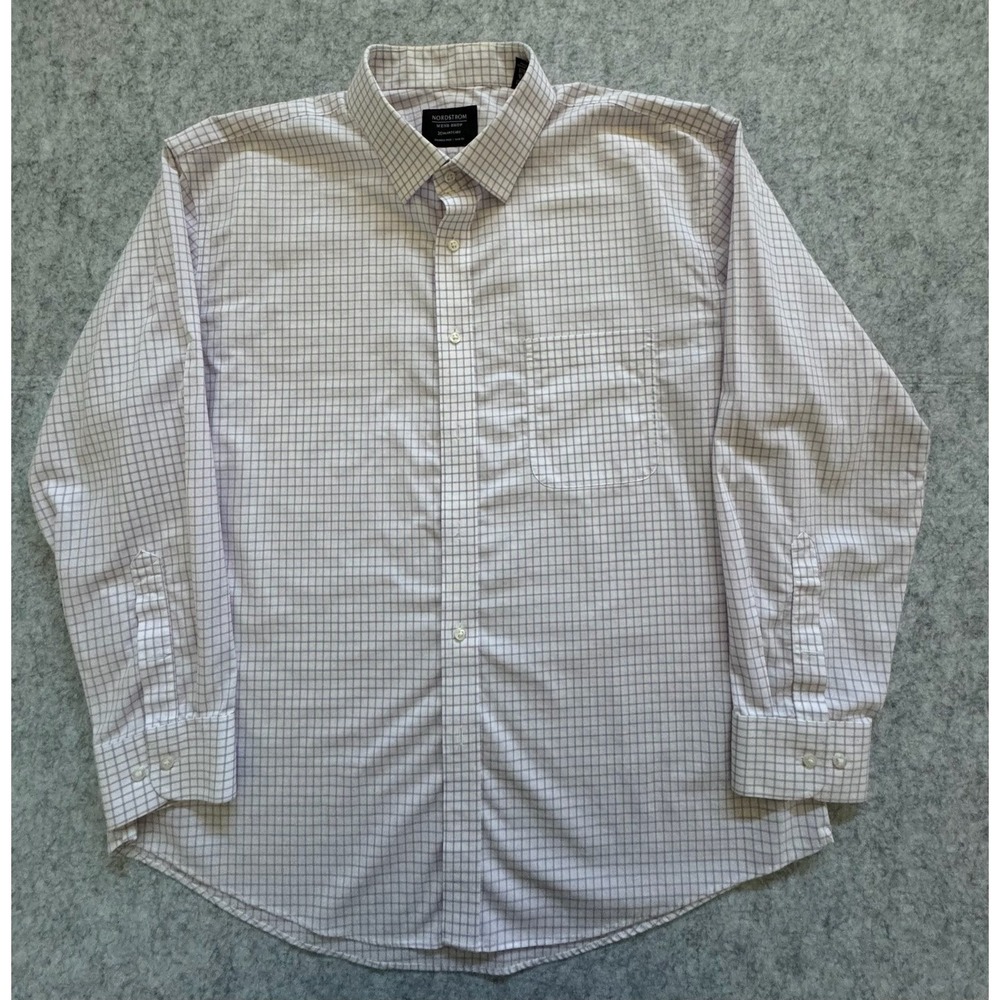 Nordstrom Men's Shop Dress Shirt Mens 17.5 32/33 White Purple Check Smartcare LS